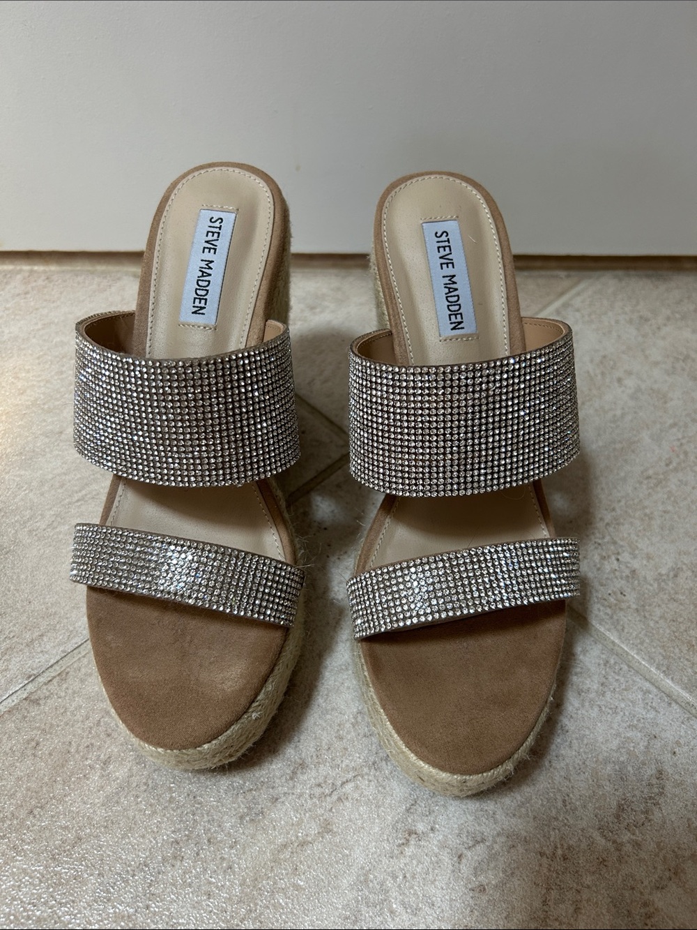 Steve Madden Tan Espadrille Slide Sandals with Rhinestone Bands